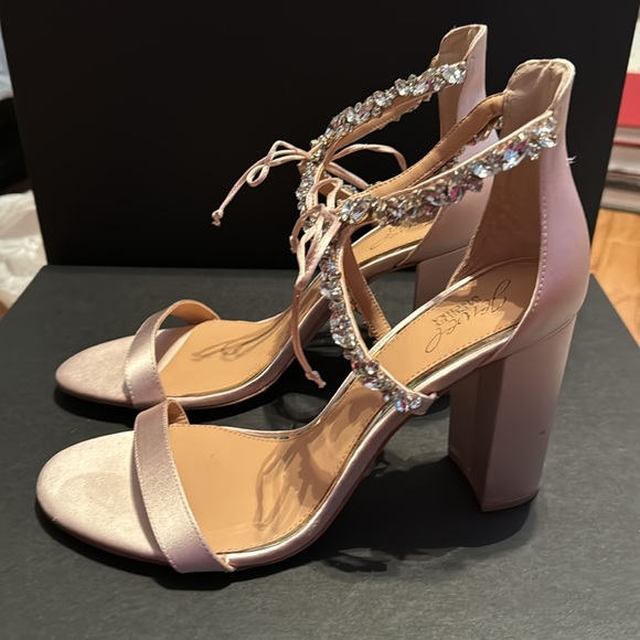 Badgley Mischka JEWEL Sandals Thamar Embellished Block Heels Ankle Tie - Picture 4 of 11